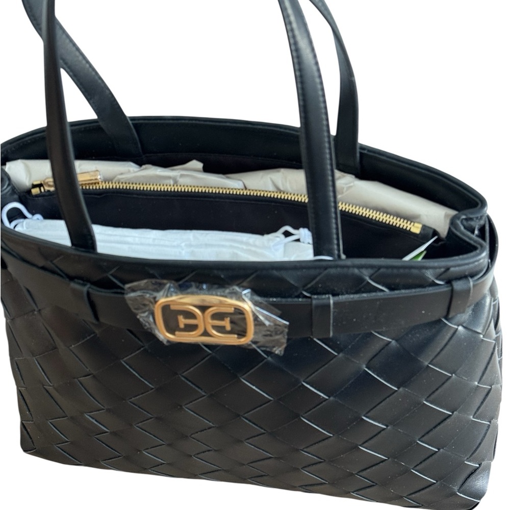 SAM EDELMAN Black Woven Leather Tote Bag with Gold Accent